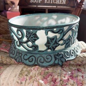 PartyLite Teal and White Leaf Motif Candle Holder